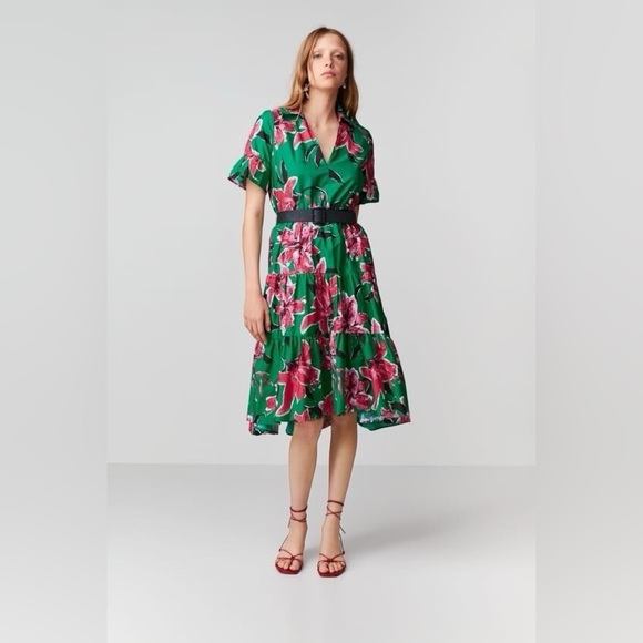 Zara Green Pink Floral Pattern Tiered Midi Dress size small - Picture 4 of 14